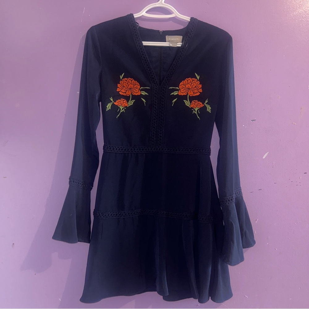 Finders Midnight Blue Floral Embroidery Long Bell Sleeve Ruffle Dress